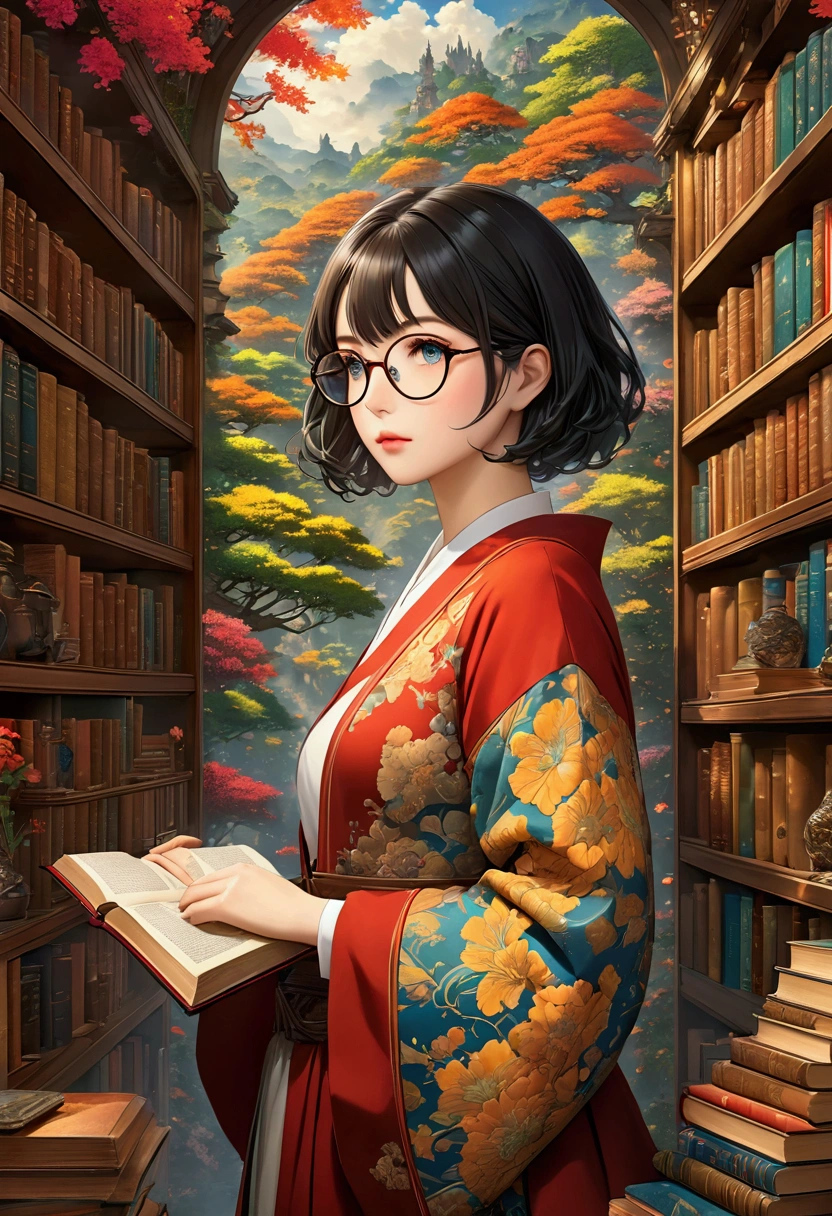 ((Highly detailed anime art)),Wall-to-wall bookshelves,Fantasyの図書館,Fantasy,librarian,Short Hair,Glasses,((masterpiece, Highest quality, Extremely detailed CG, unity 8k wallpaper )),(masterpiece, Highest quality, Highest quality, Official Art, beautiful),Very vivid,High-precision images,Ultra-high resolution,Great art,Poster Art,Impressive photos,Impressive art,beautiful顔,Perfect Face