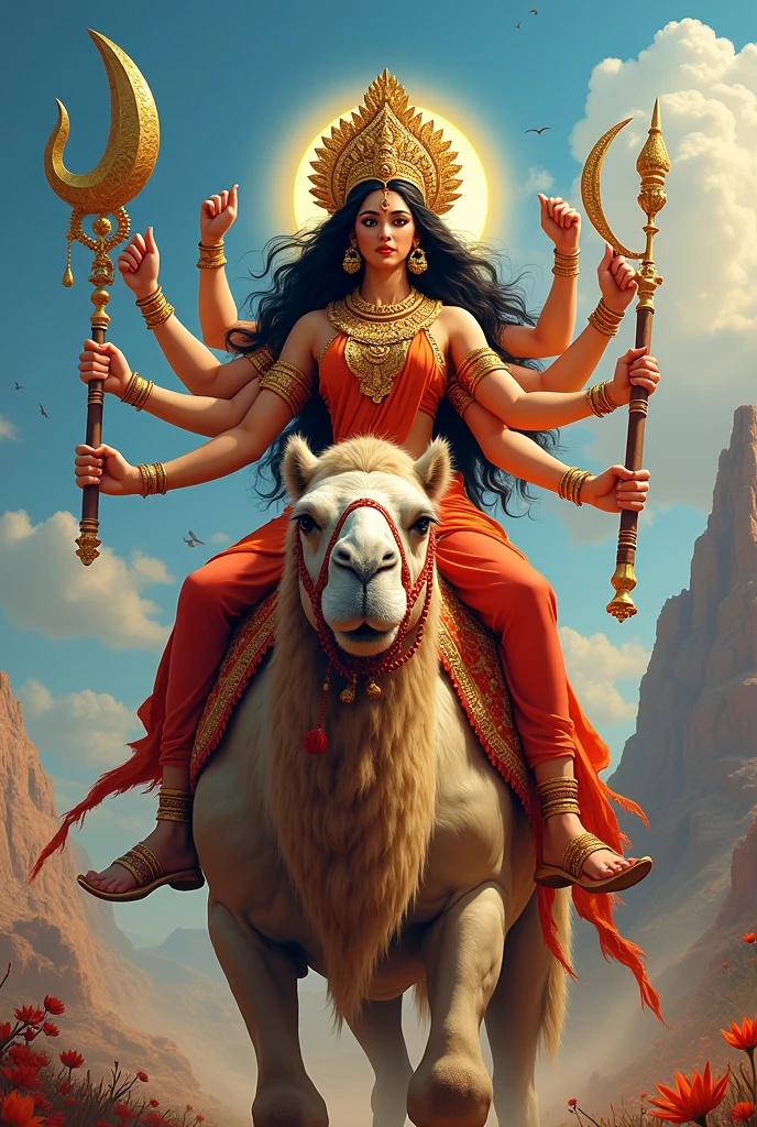 Hindu God maa durga setting camel realistic image and colorful and beautiful background