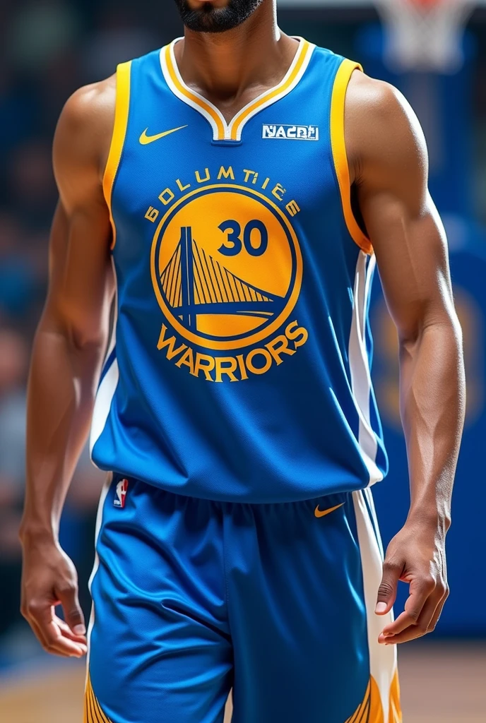 Create a basketball jersey of blue white yellow with a logo