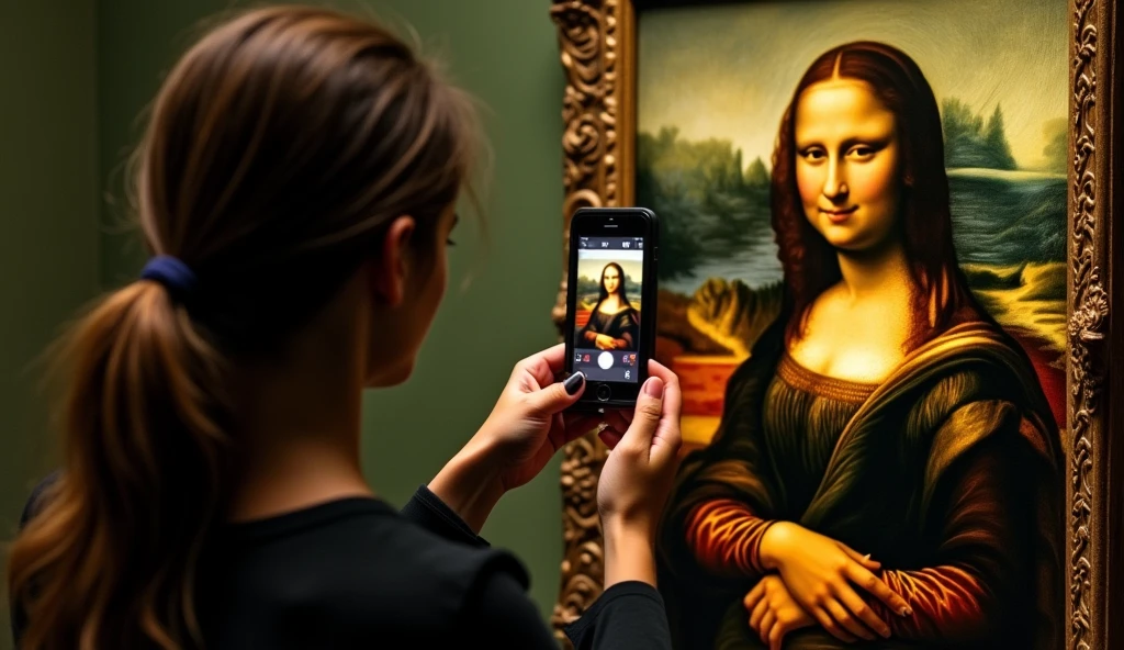 leonardo da vinci taking a picture of the mona lisa, iphone-15,