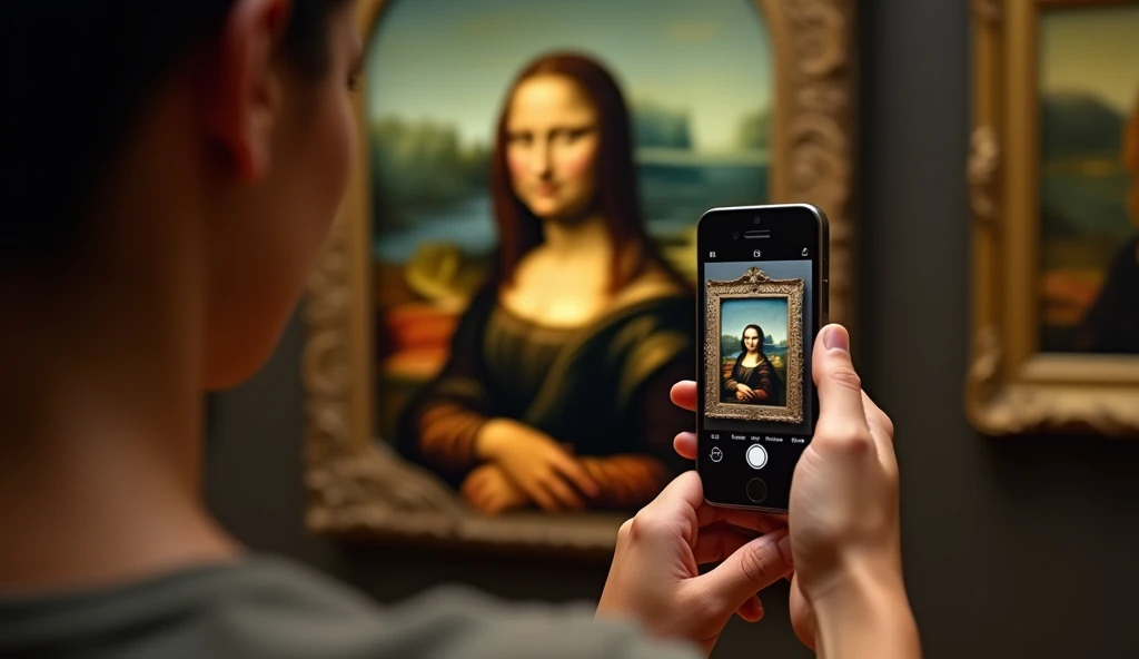 leonardo da vinci taking a picture of the mona lisa, iphone-15,