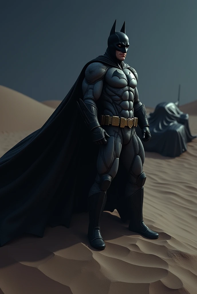 Realistic image of Batman standing on a sand hill with a cover cloth at midnigjt with batmans car