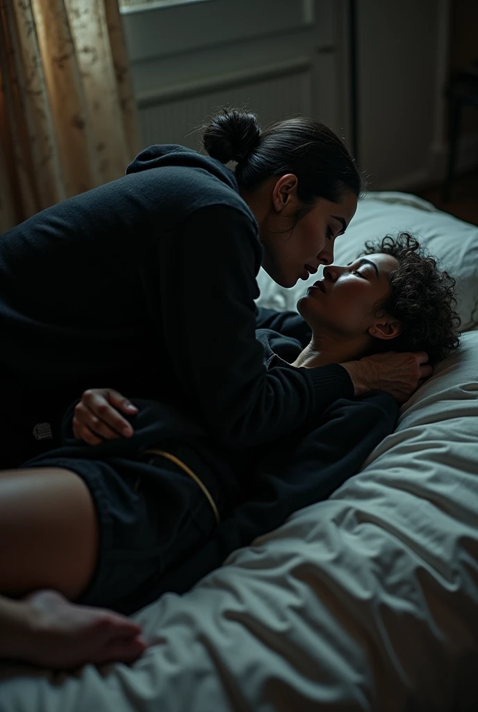 black woman hair in a bun black hoodie black leather short shorts laying in the bed upright as a old ugly woman is on top of her kissing her ass bedroom