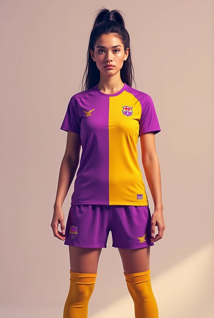 Hola diséñame un uniforme para equipo de fútbol femenino shorts color morado claro y amarillo quemado,
T-shirt half burnt yellow and light purple. shorts, and burnt yellow stockings, woman full body looking forward