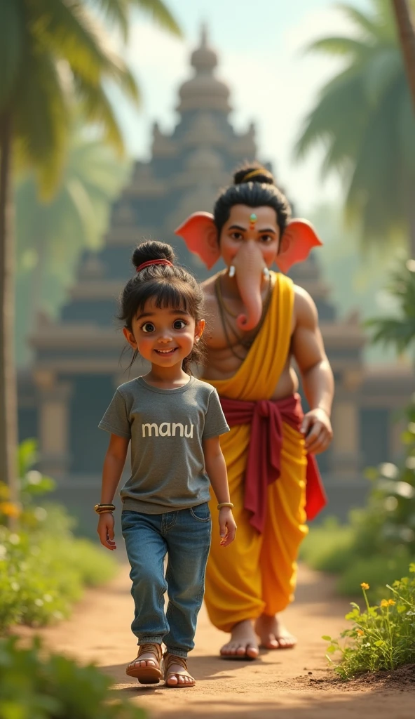 A young girl is walking forward with a bright smile, wearing a grey T-shirt with the name "Manu" written on it and blue jeans. Behind her, Lord Ganesha, dressed in traditional yellow and red attire, walks protectively, exuding warmth and guidance. The scene is set in a lush green environment with an ancient temple in the background, symbolizing a sacred and loving relationship between the divine and the innocent child. The image captures the essence of divine protection, love, and guidance.