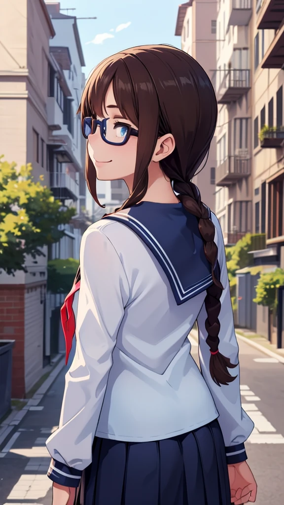 (masterpiece, best quality), 1girl,   defSaki, blue eyes, twin braids, hair over shoulders, glasses, blue shirt, serafuku, neckkerchief, long sleeves, pleated skirt,back view,turn around, all eyes closed,Toothy smile