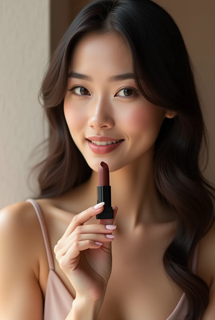 An Indonesian woman promotes a matte brown lipstick in an elegant style.