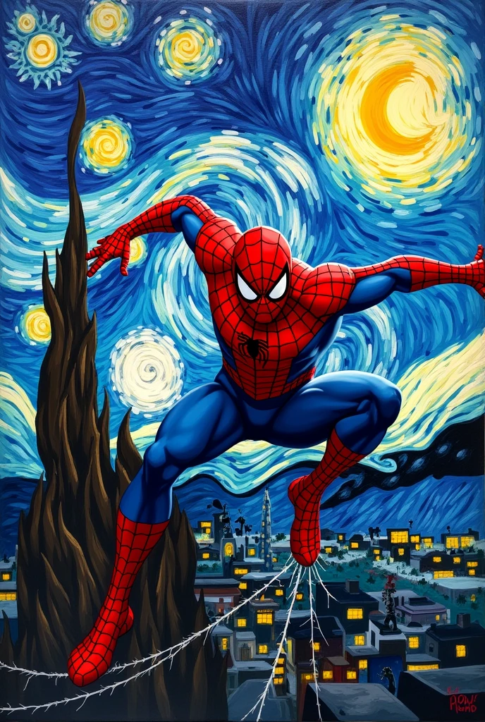 I want you to create a painting for me like Van Gogh's Starry Night, but Spider-Man and all kinds of Spider-Man themes