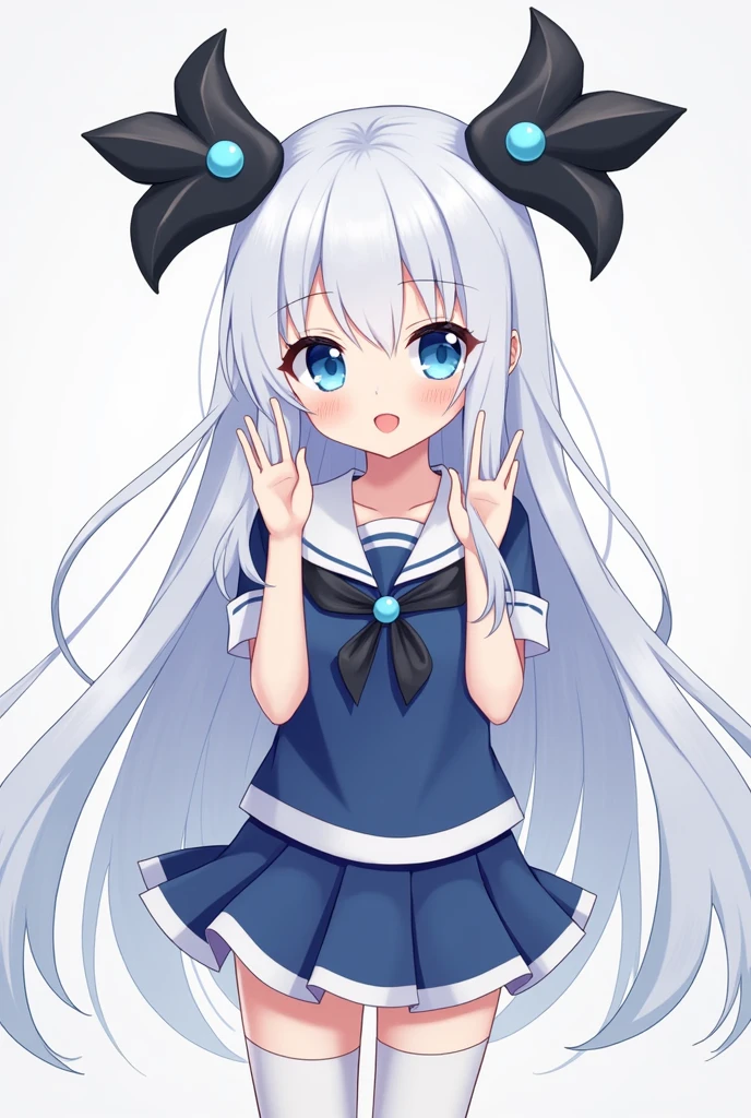 A Japanese anime style girl with long white hair,M-shaped bangs,She has a pair of blue eyes,There are only two black arrow-shaped headdresses on her head. There is only one blue round bead on each of the upward-pointing arrows. There is a blue round bead in the middle of the upward-pointing arrow-shaped headdress.,Wearing a sailor suit,Wearing white on the legs