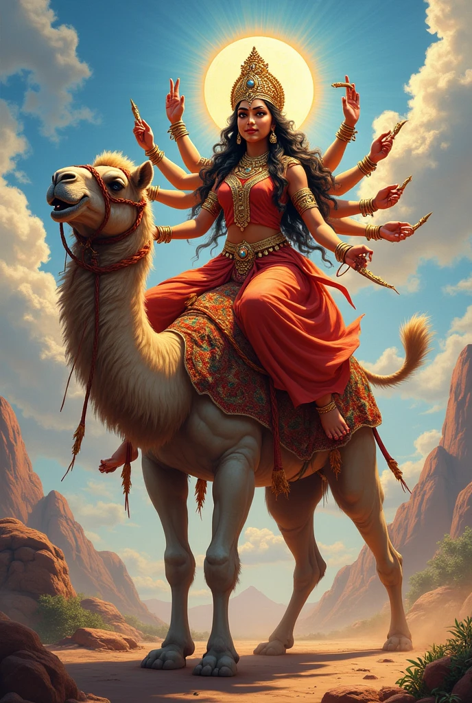 Hindu God maa durga setting camel realistic image and colorful and beautiful background