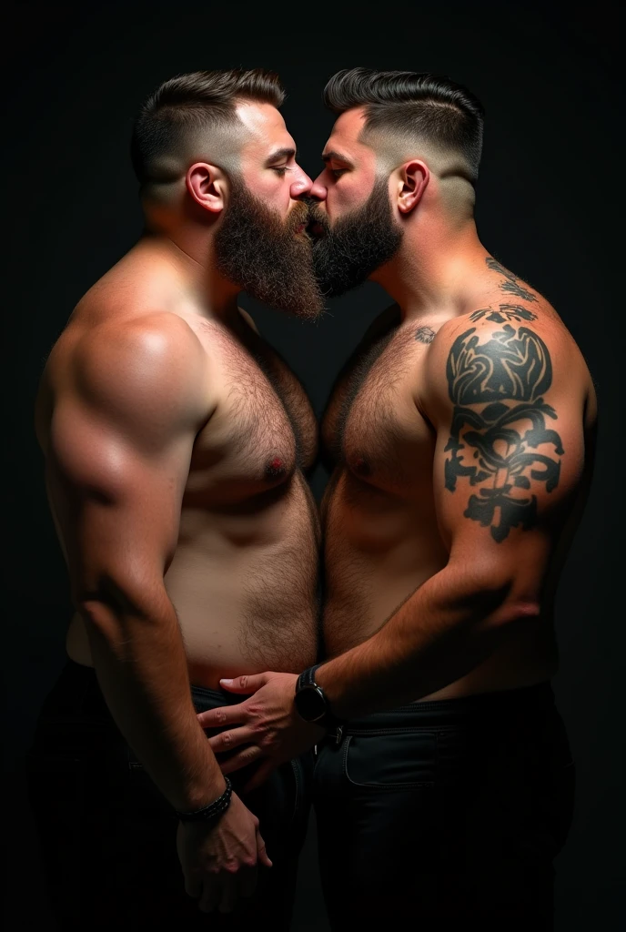 "8KUHD Very Realistic Very Detailed High Quality Create a professional studio-style photograph featuring two 4 men, hdr burly, hdr hairy, hdr beared big daddy bear,  and hdr very realistic detailed rugged man and his husband in boxers. Hdr beards, very hdr realistic hair, very hdr realistic beards, hdr very realistic thick chubby fat neck, hdr very realistic neck details, hdr very realistic neck lines, hdr very realistic belly, hdr very realistic chest, hdr very realistic strong chest and arms, hdr very realistic hairy chest and arms, hdr very realistic pecs, hdr very realistic burly body, hdr very realistic nipples, hdr very realistic burly body, hdr very realistic face, hdr very realistic eyes, hdr very realistic nose, hdr very realistic ears, hdr very realistic facial features, hdr very realistic arms, hdr very realistic hands, hdr very realistic wrists, hdr very realistic fingers, hdr very realistic fingernails, hdr very realistic shoulders, hdr very realistic mouth, hdr very realistic lips, hdr very realistic detailed skin, hdr very realistic skin, hdr very realistic mens clothing, hdr very realistic detailed mens clothing. HDR A very realistic man and his husband are kissing each other, HDR very realistically kissing each other, in a HDR very realistic romantic and HDR virile scene. HDR Very Realistic Intricately Detailed, HDR Utilize all appropriate lighting techniques for studio photography. HDR The background should be black." No Deformities, HDR
