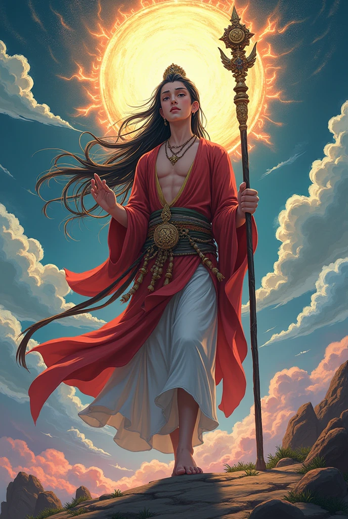 TEXT SAYING 'I AM REBEL BUDDHA"', webnovel anime style, young buddh, long hair and staff, I AM REBEL BUDDHA, 'I AM REBEL BUDDHA'