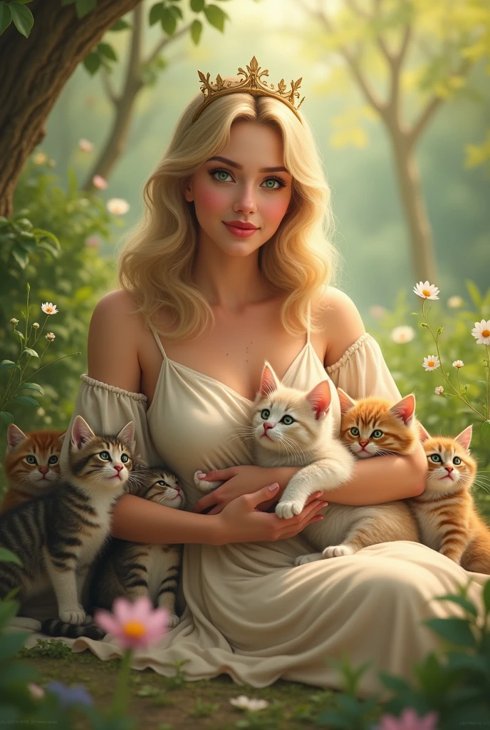 a mature blonde woman, 30-3, with big boobies and green eyes, sitting with kittens in nature, There is a crown on his head. One of the cats is on his lap, The woman is bigger and looks at the cats