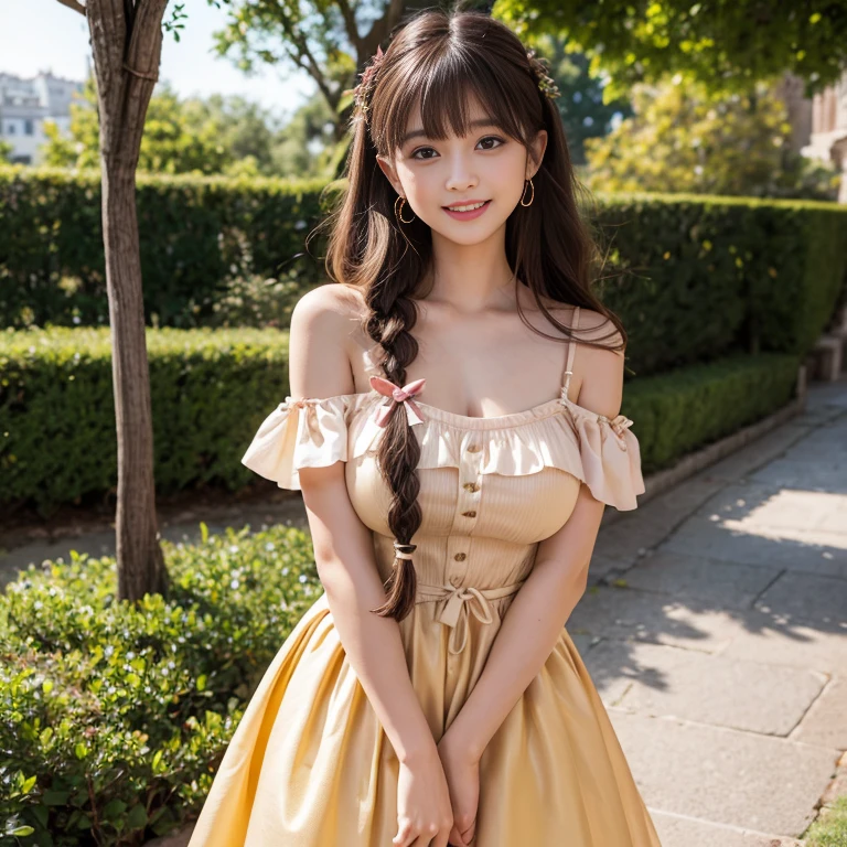 laughing out loud,1 female, 2,(Yellow princess dress in beauty and the beast),Outside the castle,Large skirt,Big hem,light brown hair, blunt bangs, hair behind ears, Shoulder length hair, long hair, Braided hair repair,long body shape, 超face slimming型, face slimming, delicate lips, beautiful eyes, Thin blush, Eyes are light brown,Check it out here, (actual:1.3), One person's perspective, 8k, Super detailed, high quality, best quality, High resolution,knee shot,My breasts look big in my clothes,兩邊Spaghetti straps with bows,Bow shoulder strap,Spaghetti straps with bows