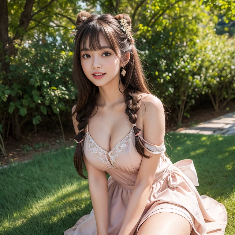 laughing out loud,1 female, 2,(Yellow princess dress in beauty and the beast),Outside the castle,Large skirt,Big hem,light brown hair, blunt bangs, hair behind ears, Shoulder length hair, long hair, Braided hair repair,long body shape, 超face slimming型, face slimming, delicate lips, beautiful eyes, Thin blush, Eyes are light brown,Check it out here, (actual:1.3), One person's perspective, 8k, Super detailed, high quality, best quality, High resolution,knee shot,My breasts look big in my clothes,兩邊Spaghetti straps with bows,Bow shoulder strap,Spaghetti straps with bows