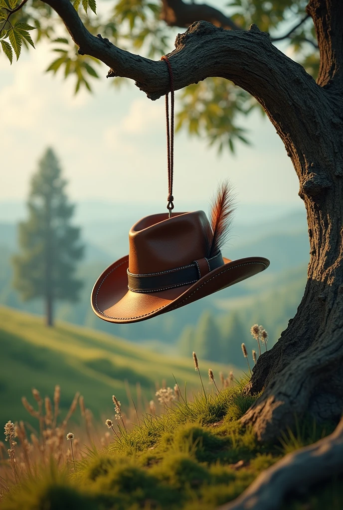 Make a hat hanging from a branch in a landscape 