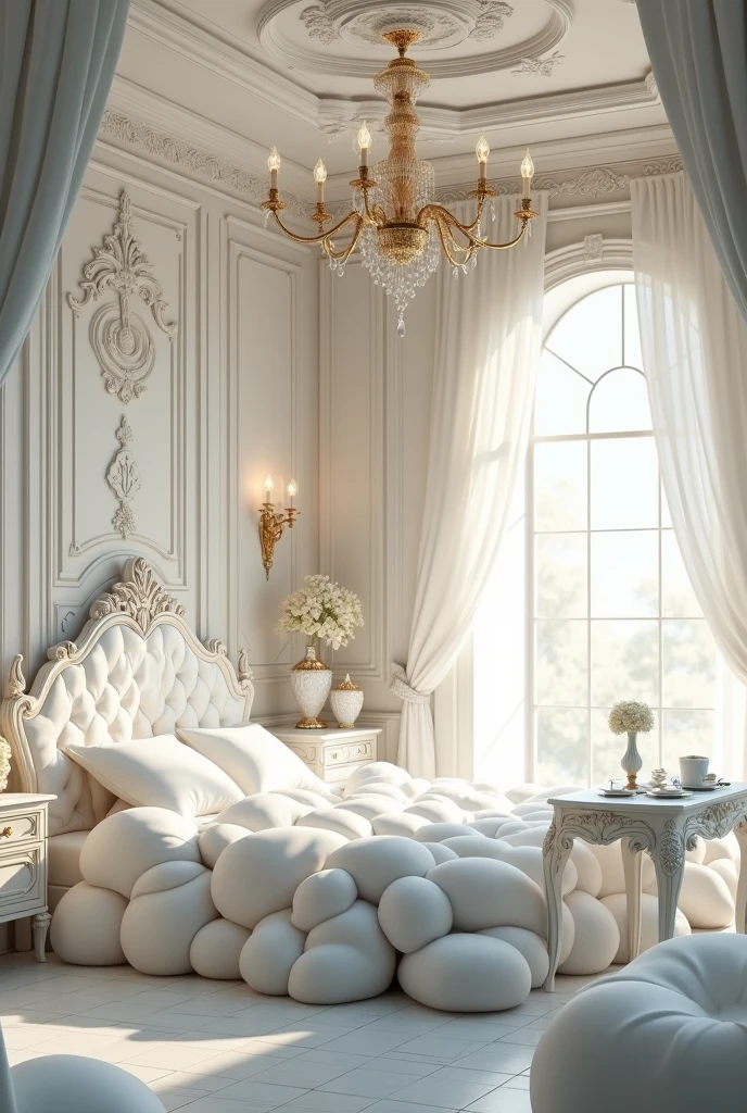 bedroom,There is a wardrobe.,dining table,Large bed in beautiful white fantasy style