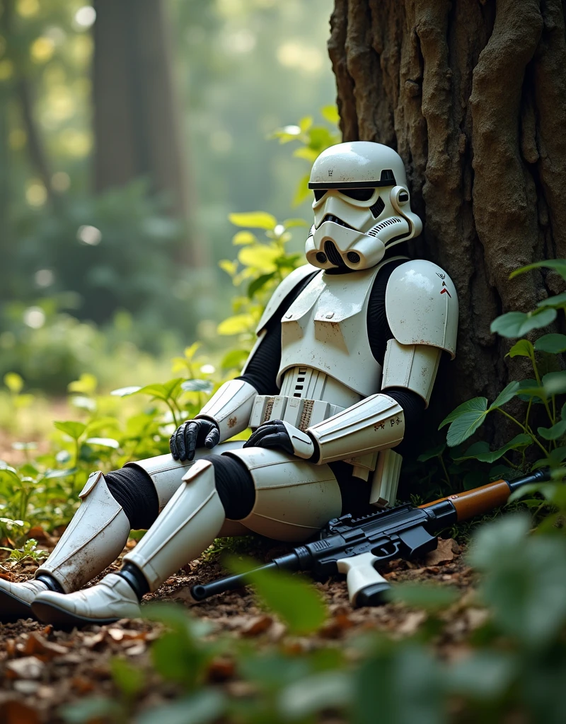 ((Grey pigeon female)), Dirty Star Wars「Stormtrooper」アーマーを着たGrey pigeon femaleがエンドアの森で木に寄りかかって休んでいる。Stormtrooperのヘルメットが地面に落ちている彼女のそばにあり、E-11 Blaster on the ground。Grey pigeon female、Muscular body、far and near method、Wide Shot、18mm、Depth of written boundary、colorful、Highest quality、4K、Daylight