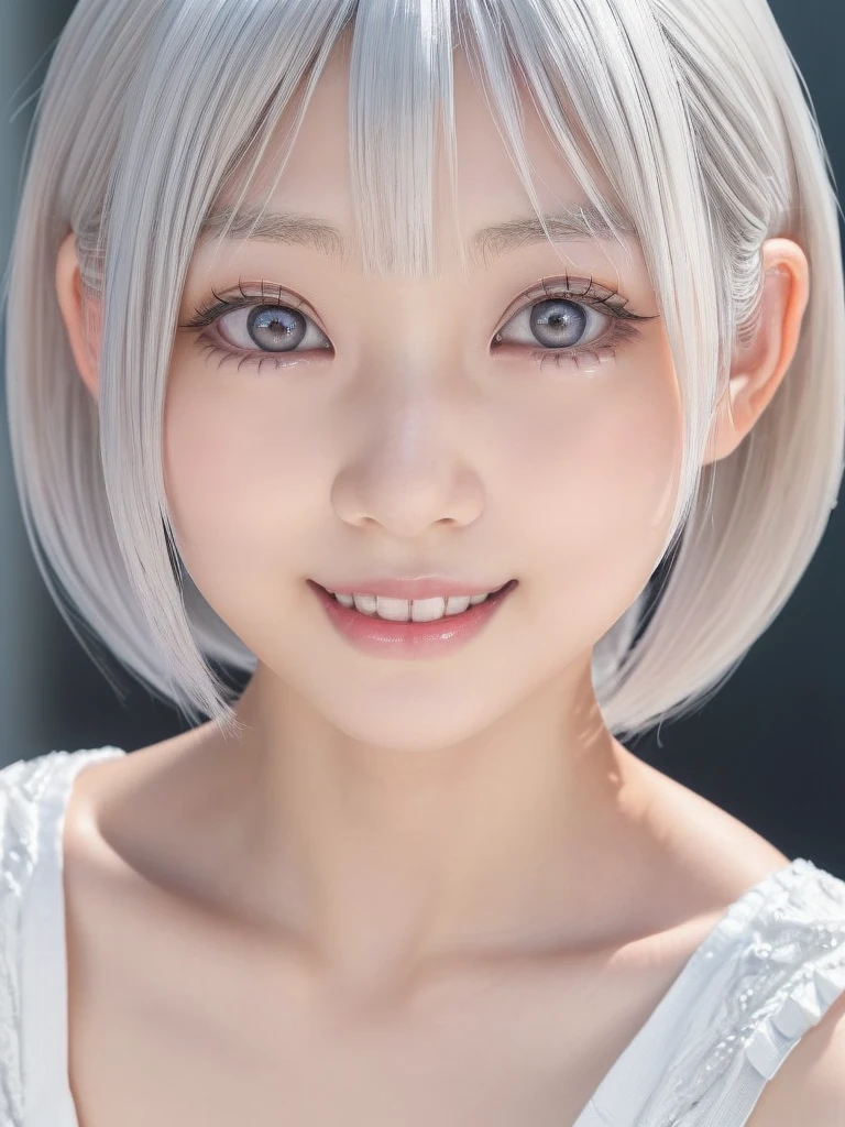 a young beautiful Japanese girl with short platinum silver hair,large clear eyes,droppy eyes,a balanced gaze,and a sweet smile,Nordic beauty,(wearing a detailed ウェディングドレス:1.5),highly detailed and realistic,8K,ultra-detailed,photorealistic,masterpiece,Highres fix,(Sexual climax:1.25)