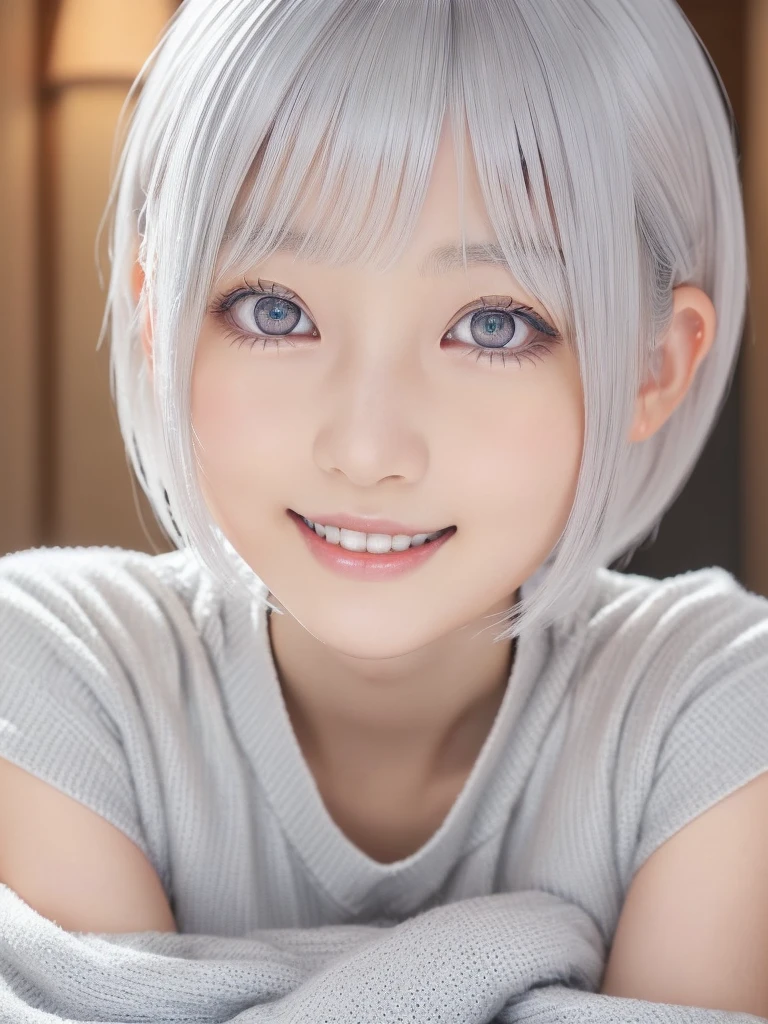 a young beautiful Japanese girl with short platinum silver hair,large clear eyes,droppy eyes,a balanced gaze,and a sweet smile,Nordic beauty,(wearing a detailed ウェディングドレス:1.5),highly detailed and realistic,8K,ultra-detailed,photorealistic,masterpiece,Highres fix,(Sexual climax:1.25)