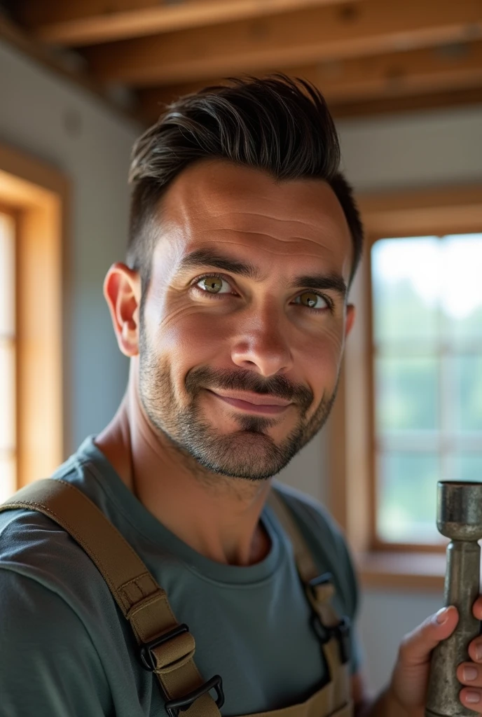 a 40 year old man, medium brown skin, greenish eyes, short dark hair, wearing jeans and a construction worker style t-shirt, holding a tool, in a naturally lit room in a house under renovation, in the style of a photo for advertising style taken by a professional photographer, slight smile, facial hair, smiley, asymmetrical hair, big hair, slicked back hair, light smile, facial hair, smiley, asymmetrical hair, big hair, hair slicked back, high detail, high detail, high quality, high details, high details, high quality