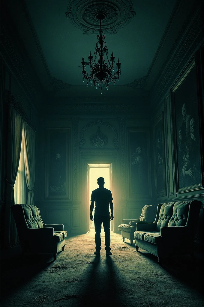 Inside the Mansion
Prompt: The interior of the mansion is dark and filled with an eerie silence. Ravi's flashlight illuminates the grand but decaying interior, revealing old, dust-covered furniture, tattered curtains, and broken chandeliers. The walls are lined with faded paintings, their subjects barely visible through layers of grime. The air is thick with dust, and cobwebs hang in the corners. Ravi stands in the center of the room, his expression tense as he senses something behind him.