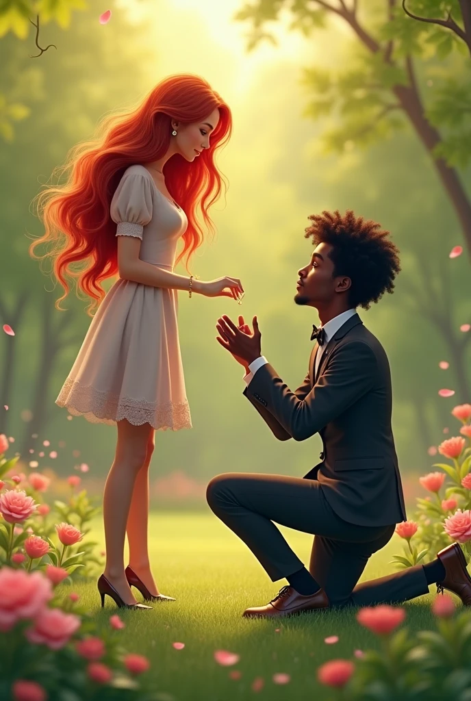 A red-haired woman, longwavy hair, standing, on his knees a black man, with curly hair and rings in his hands asking her to marry him.
It's spring, they are in the park