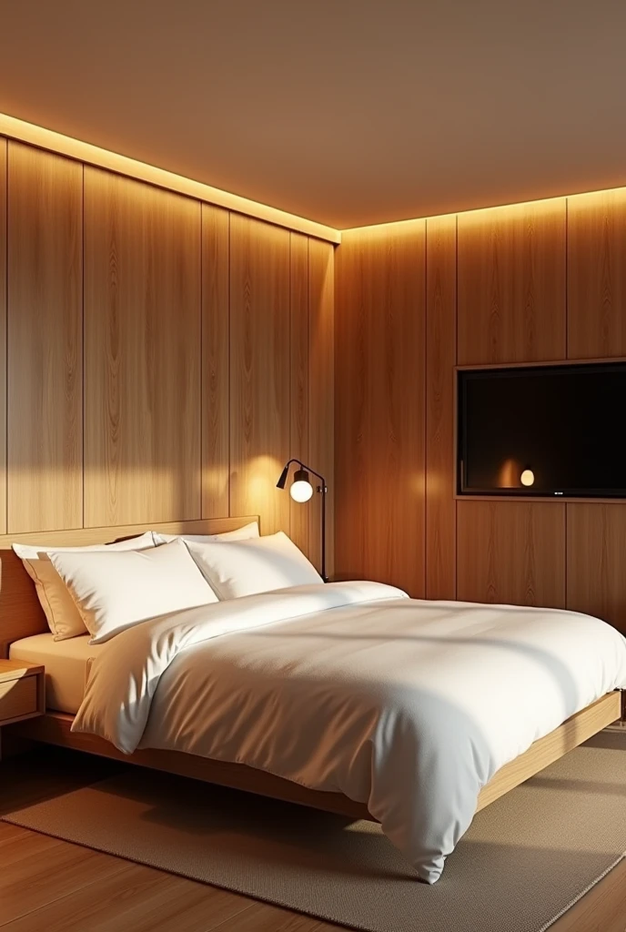 there is a bed with a wooden headboard and a TV on the wall, Room, serene and peaceful style, Ambiente sereno de Room, interior do Room, luxurious environment, realistic physics rendering, luz natural no Room, modern and minimalist, warm ambient light, Soft lighting color scheme, warm interiors, warm interior, interior design