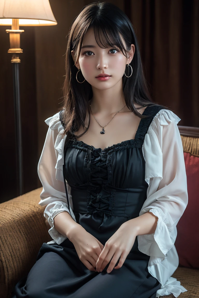 (Highest quality:1.4),(masterpiece:1.4),(Realistic:1.4),(Realistic:1.2),(超High resolution, RAW Photos:1.4),(High resolution, Ultra-detailed:1.2),(8k:1.2),View your viewers,Cinematic photography,One person,skeletally correct,Black-haired woman,Woman in her early 20s,(Small earrings,necklace,Gothic dress with lots of frills),(Western-style building interior,Dimly lit room,The lamplight shines on my cheeks,Sit on the sofa)
