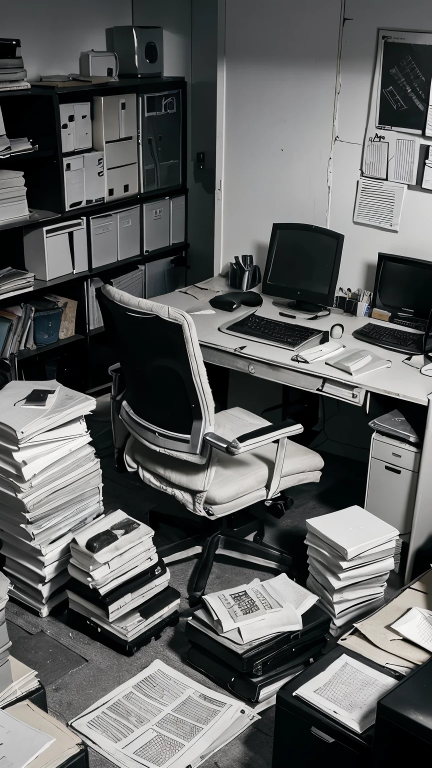 black and white scene of a messy office, with piles of papers and an old computer. A few people are working inefficiently, showing frustration and desperation.