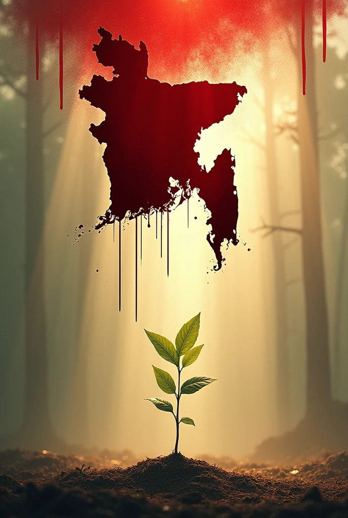From the bloody map of Bangladesh, blood is falling on a sapling of a tree. And sunlight is falling on the sapling.
