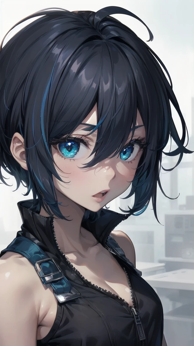Close-up of a manga girl with blue hair and a yellow shirt, 2D Animation, 2D Animation style, 2D Art, 2D Art, 2D from Gorillaz, 2D from Gorillaz, 2D Gorillaz, Screaming Cerket, 2D Sprite, Jinx Face, short hair, Small breasts, hot pants, ((Black Hair, Inner bright blue hair:1.4))