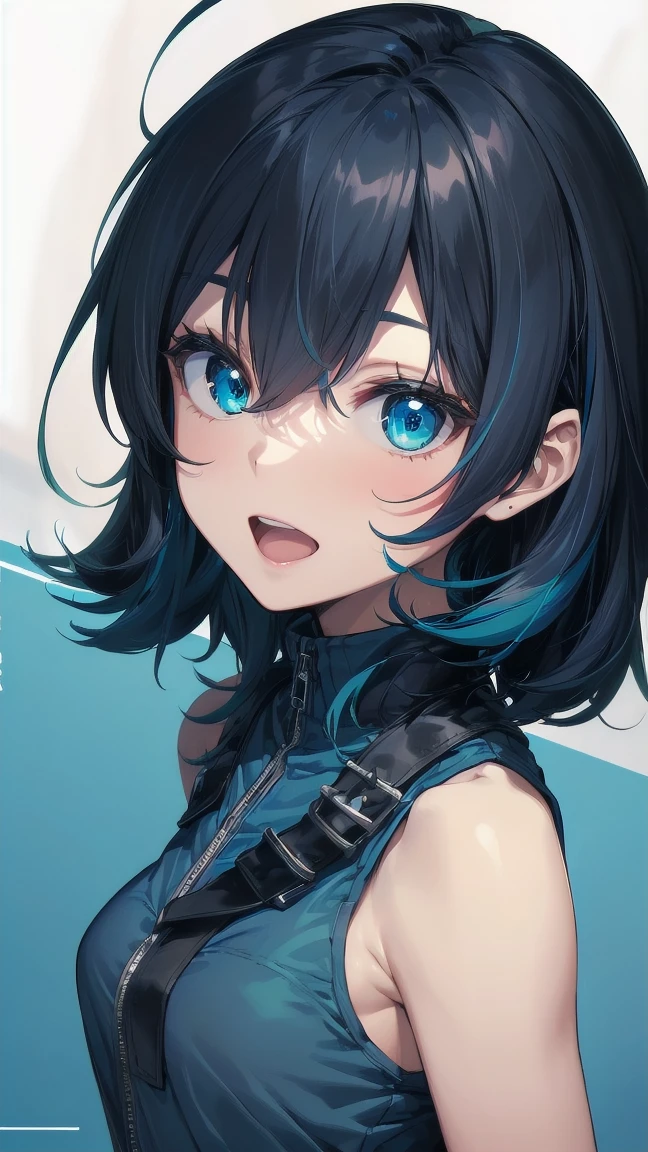 Close-up of a manga girl with blue hair and a yellow shirt, 2D Animation, 2D Animation style, 2D Art, 2D Art, 2D from Gorillaz, 2D from Gorillaz, 2D Gorillaz, Screaming Cerket, 2D Sprite, Jinx Face, short hair, Small breasts, hot pants, ((Black Hair, Inner bright blue hair:1.4))