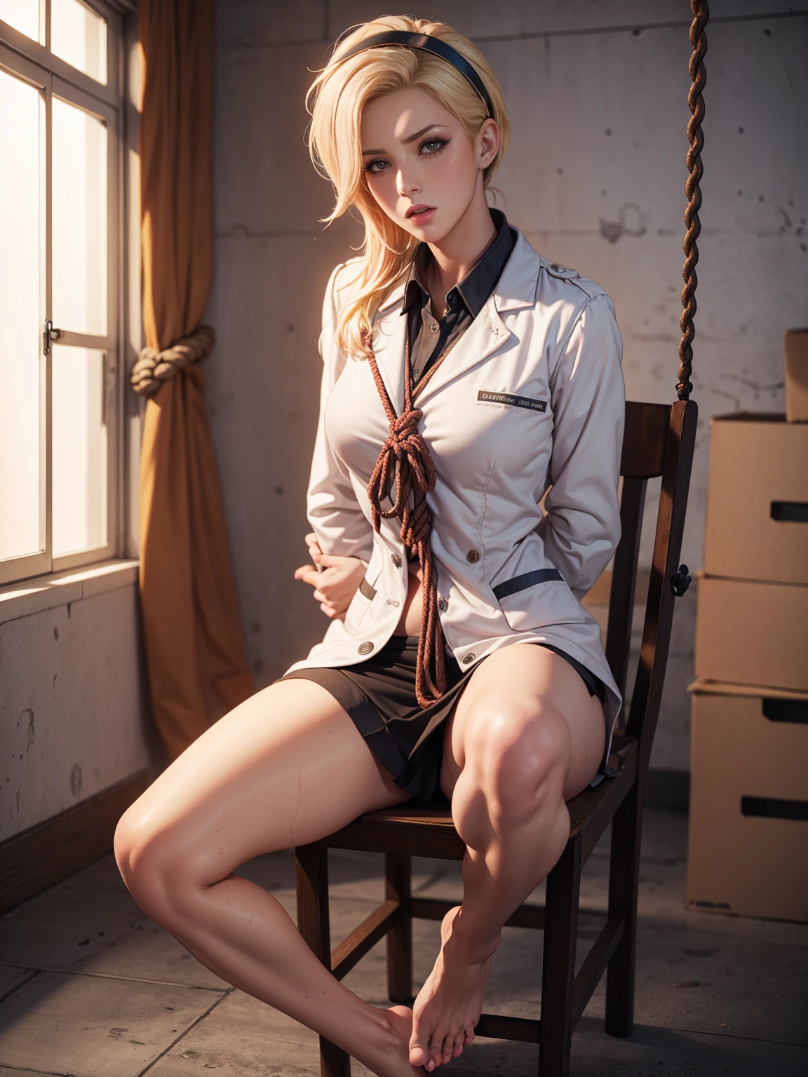 Beautiful,woman, Mercy from overwatch, blonde wet hair, hairband, dewy complexion, long eyelashes,soft-petalled lips,(beautiful detailed lips:1.1),(medium breasts:0.9),youthful appearance, blonde locks cascading down, seductive sexy pose,(empty warehouse background:1.1),soft sunlight, pastel color palette,(best quality:1.2),(highres:1.1),(realistic:1.37),(physically-based rendering:1.1),(vivid colors:1.1),(soft lighting:1.1), full body, (((visible feet))), (((wearing a doctor coat))), black skirt, pink blouse, heels. panties. sweaty, blushed, (((sitting on chair))), (((tied hands with ropes))), (((arms behind back))), tied to a chair, (((panic face))), (((frightened))), (((struggling))), front view, small panties, (((open legs)))