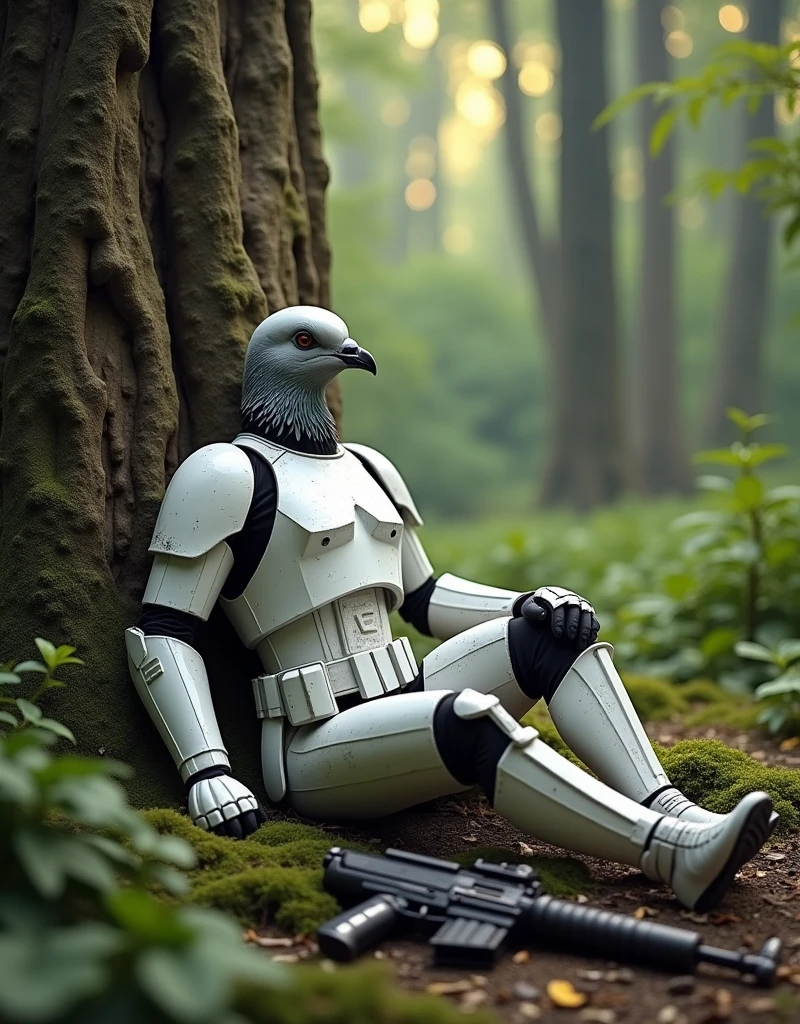 ((Grey pigeon female)), Dirty Star Wars「Stormtrooper」アーマーを着たGrey pigeon femaleがエンドアの森で木に寄りかかって休んでいる。Stormtrooperのヘルメットが地面に落ちている彼女のそばにあり、E-11 Blaster on the ground。Grey pigeon female、Muscular body、far and near method、Wide Shot、18mm、Depth of written boundary、colorful、Highest quality、4K、Daylight