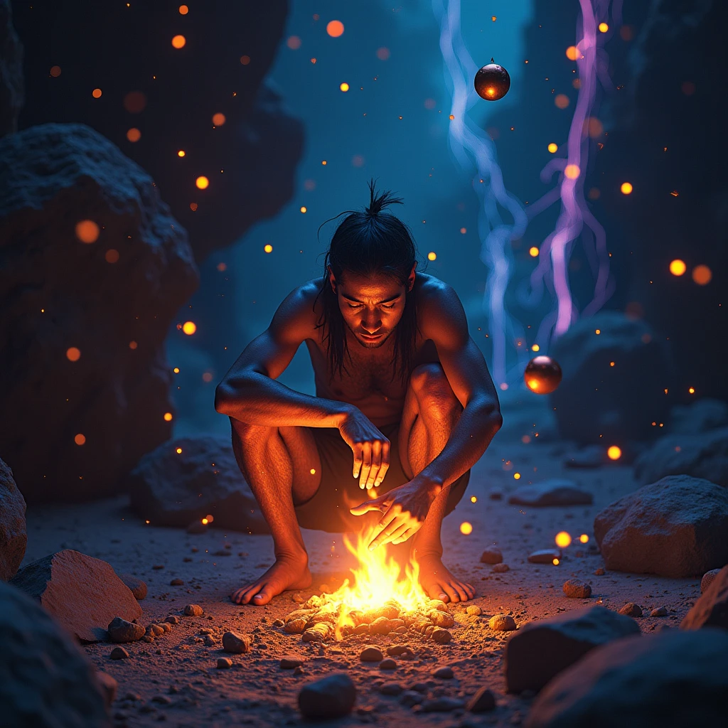 Primitive human : Huddled over a small, glowing flame.
Fire : Warm, golden glow at the center.
Geometric shapes : Abstract, floating around the fire.
Digital elements : Intertwined with geometric shapes, suggesting technology.
Backdrop : Blend of rough, earthy textures transitioning into sleek, neon-lit patterns.
Atmosphere : Mystical, symbolic, merging ancient and futuristic themes.
Color palette : Earthy tones mixed with neon blues and purples.