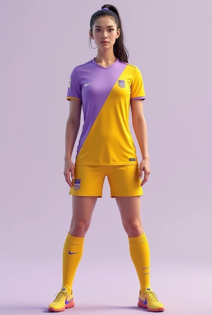 Hello, design me a uniform for a women's soccer team, pastel purple and burnt yellow shorts.,
half burnt yellow and pastel purple t-shirt and burnt yellow socks, woman full body looking forward