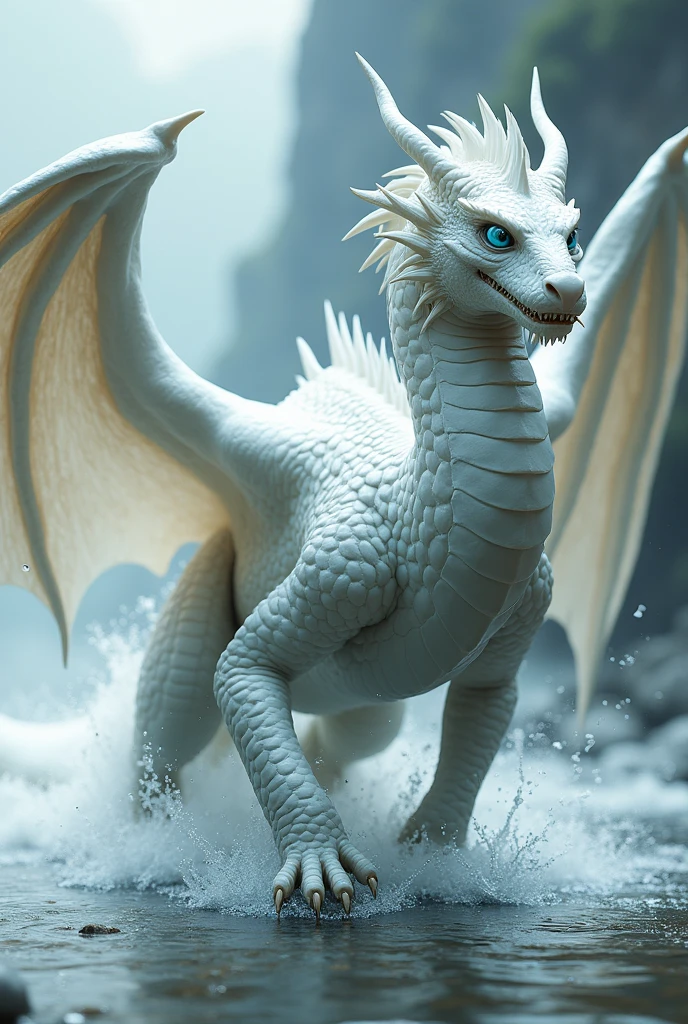 Side view of a beautiful 4 legged large female white dragon with large wings and serpent qualities, and snake-like electric blue eyes walking on all 4 legs in shallow water, fierce features, sharp teeth, long tail, spikes along head and back with serpent-like quality features, The wings of the dragon are in full view.