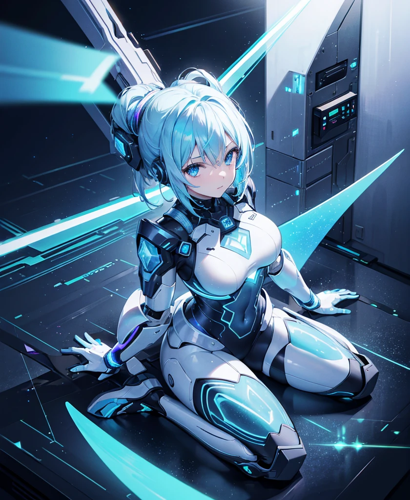 ((Holographic glow effect)),8k, Highest quality, (real:1.4), Original photo, 1 person, Asari Hair, Biological Amplifier, refined armor, posture: Peace talks between warring factions, smart blue eyes,whole body
