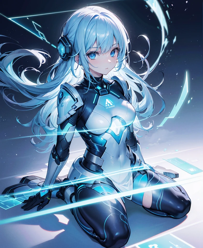 ((Holographic glow effect)),8k, Highest quality, (real:1.4), Original photo, 1 person, Asari Hair, Biological Amplifier, refined armor, posture: Peace talks between warring factions, smart blue eyes,whole body