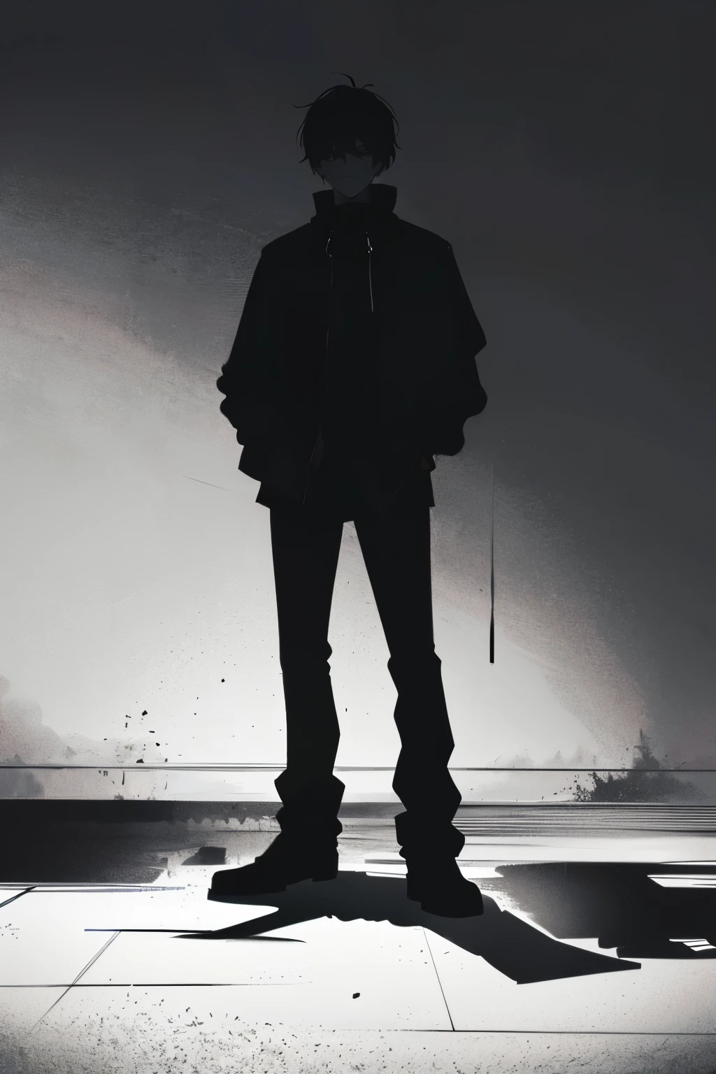 Black simple tone,A man,Hands in pockets,Stand right in the middle,There is a shadow behind;Shadow like hair,Hair spreading everywhere,Silhouette,Dark and oppressive atmosphere