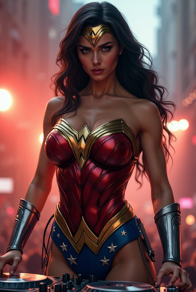 Wonder woman, big breasts, Realistic, perfect body, full body, Busty, Touching the Dj