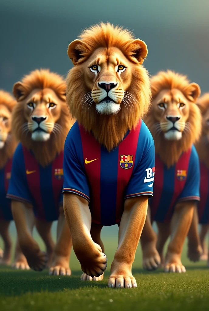 6 lions wearing Barcelona shirts