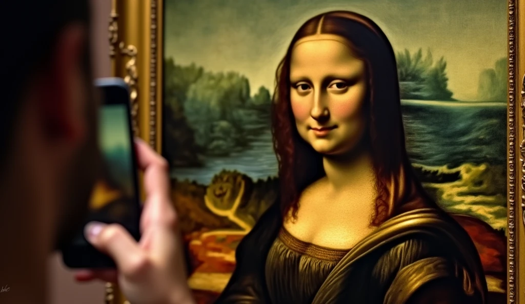 (leonardo davinci) taking a picture of (monalisa), iphone-15, 500 years ago