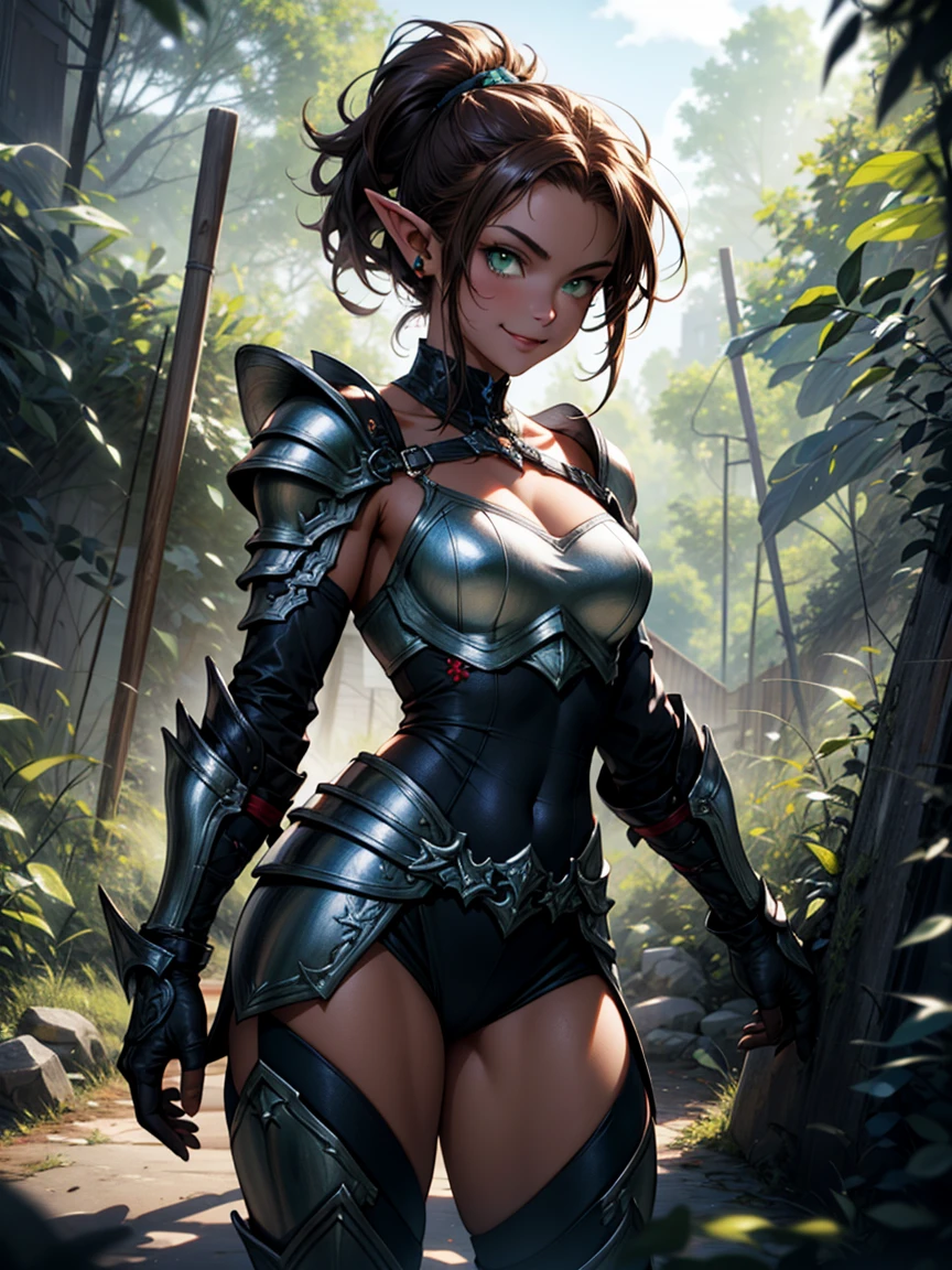(High Detail:1.2) Anime girl, (Best quality, Detailed), Top quality, high resolution, perfect human structure, 1girl, (solo), elf, long pointed ears, ponytail, brown hair, (green eyes), smile, gravelly:1.3, dark:1.2, tanned skin, full armor plate, beautiful, medium breasts, plunging neckline, intense look, dynamic pose, forest behind, (8k, vibrant colors, digital art, concept art)