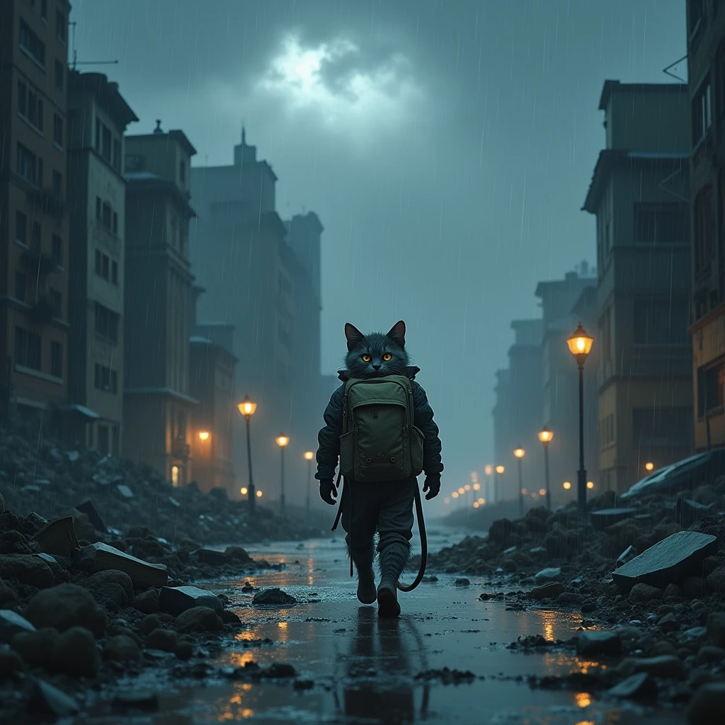 Night, storm, rain, A survivor ((cat)) with bag packs in human clothes walks through a destroyed city, action