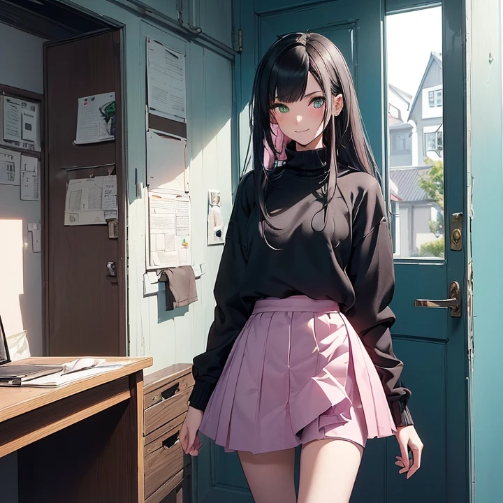 Anime Style, Character Design, HD, Best Quality, Masterpiece, High Details, High resolution, fantasy, carefully detailed, no deformities.
{{(1character: a girl civilian:(body: pale skin, left cheek knife scar, medium very-messy black hair, she stands 1,59 meters tall, slender body complexion, green eyes, short nose, thin lips, beautiful),(clothing: pale-blue sweater, pink skirt, fluffy wristbands),(sweet smile closed mouth, very shy and inssecure demeanor, careless personality, standing upright),(norwegian-like common house interior, yellow walls, grey desk at the left side, black door a the right side))}}