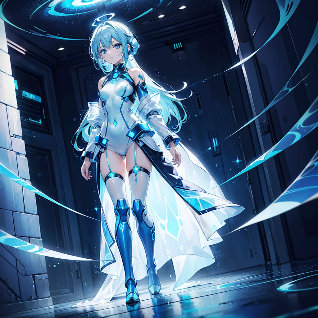 ((Holographic glow effect)),8k, Highest quality, (real:1.4), Original photo, 1 person, Asari Hair, Biological Amplifier, Very sleek and futuristic armor, posture: Peace talks between warring factions,,attention arousal, smart blue eyes,A modest smile,Knee-high boots,Patent-look blue tights,Blue big moon and blue light swirl in the background,Blue light from behind,blue light magic,A small, glowing blue ball in the palm of your hand,Blue flame swirl,Blue Comet,Polished floor,