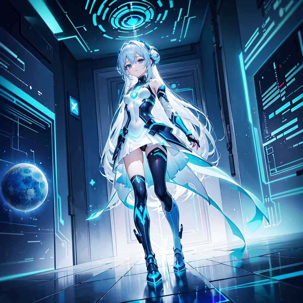 ((Holographic glow effect)),8k, Highest quality, (real:1.4), Original photo, 1 person, Asari Hair, Biological Amplifier, Very sleek and futuristic armor, posture: Peace talks between warring factions,,attention arousal, smart blue eyes,A modest smile,Knee-high boots,Patent-look blue tights,Blue big moon and blue light swirl in the background,Blue light from behind,blue light magic,A small, glowing blue ball in the palm of your hand,Blue flame swirl,Blue Comet,Polished floor,