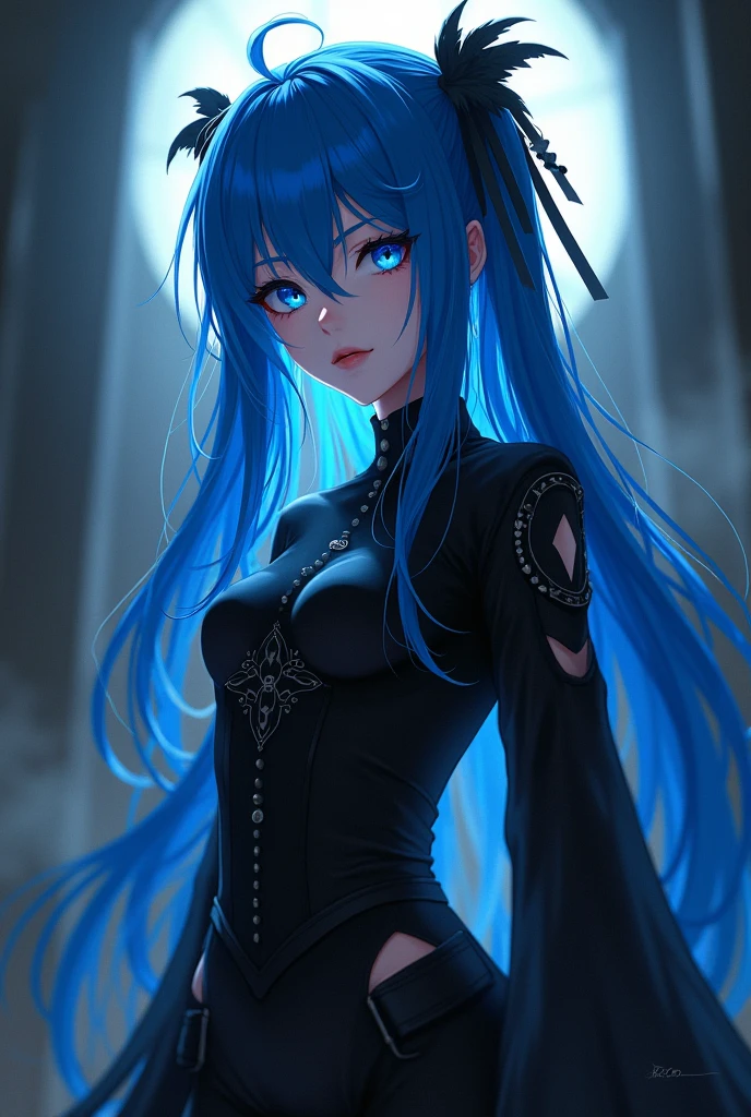 Anime girl with blue hair and eyes in black shinigami clothes
